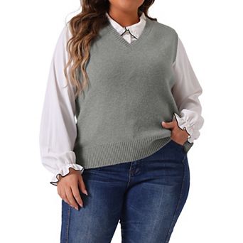 Women's Plus Size Solid Sweater Vest V Neck Knit Classic Sleeveless Pullover Tops