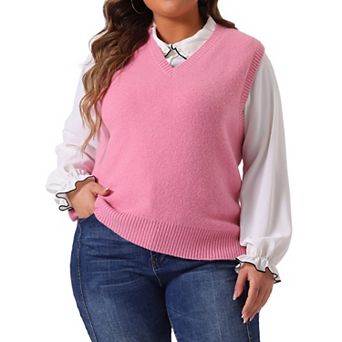 Women's Plus Size Solid Sweater Vest V Neck Knit Classic Sleeveless Pullover Tops