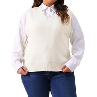 Women's Plus Size Solid Sweater Vest V Neck Knit Classic Sleeveless Pullover Tops