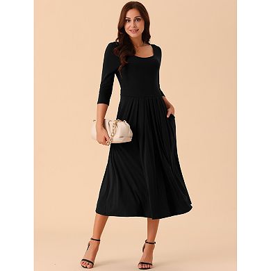 Women's 3/4 Sleeve Crewneck Pleated A Line Dresses Swing Casual Maxi Dress With Pockets