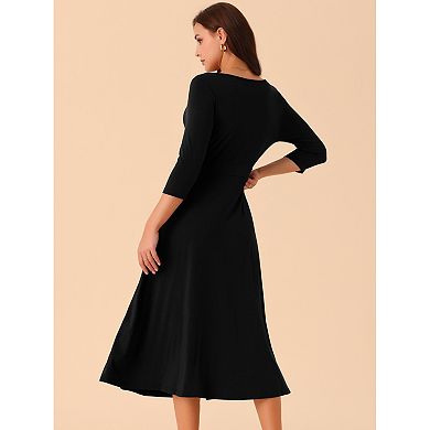 Women's 3/4 Sleeve Crewneck Pleated A Line Dresses Swing Casual Maxi Dress With Pockets