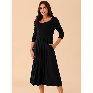Women's 3/4 Sleeve Crewneck Pleated A Line Dresses Swing Casual Maxi Dress With Pockets