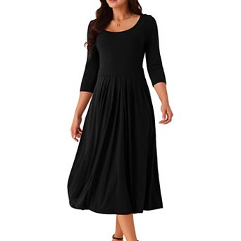 Women's 3/4 Sleeve Crewneck Pleated A Line Dresses Swing Casual Maxi Dress With Pockets