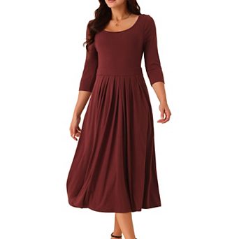 Women's 3/4 Sleeve Crewneck Pleated A Line Dresses Swing Casual Maxi Dress With Pockets