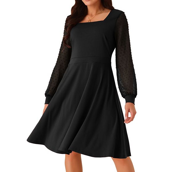 Women's Long Sleeve Swiss Dots Square Neck Knee Length Casual Dress With  Pockets