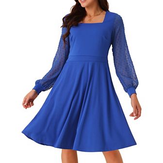 Women's Long Sleeve Swiss Dots Square Neck Knee Length Casual Dress With Pockets