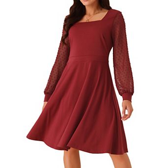 Women's Long Sleeve Swiss Dots Square Neck Knee Length Casual Dress With Pockets