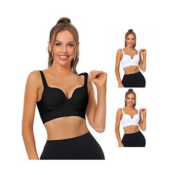 3 Packs Women's Medium Impact Workout Wireless Padded Deep V Neck Fitness Sports Bras