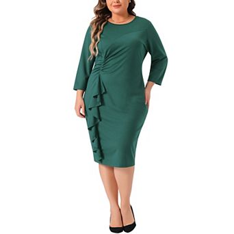 Women's Plus Size Midi Pencil Bodycon Dresses 3/4 Sleeve Ruffle Vintage