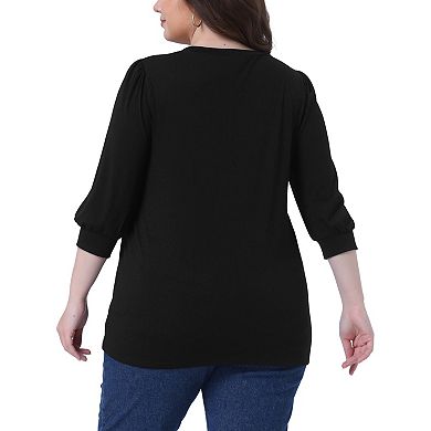 Plus Size Top For Women Half Sleeve V-neck Button Decor Casual Solid Tees Shirts