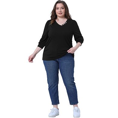 Plus Size Top For Women Half Sleeve V-neck Button Decor Casual Solid Tees Shirts