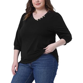 Plus Size Top For Women Half Sleeve V-neck Button Decor Casual Solid Tees Shirts