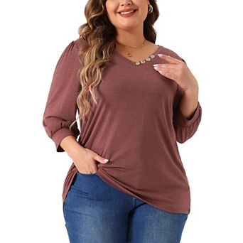 Plus Size Top For Women Half Sleeve V-neck Button Decor Casual Solid Tees Shirts