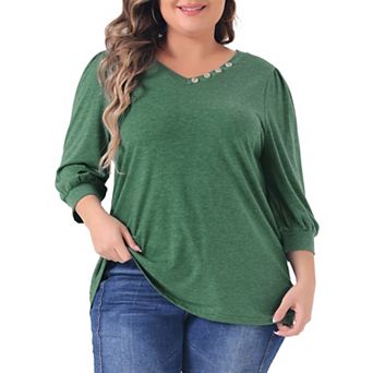 Plus Size Top For Women Half Sleeve V-neck Button Decor Casual Solid Tees Shirts