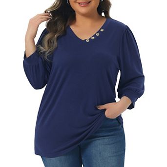Plus Size Top for Women Half Sleeve V-Neck Button Decor Casual Solid Tees Shirts