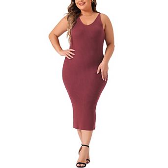 Women's Plus Size Ribbed Knit Sweater Dress Sleeveless V Neck Bodycon Midi Sweater Cami Dresses