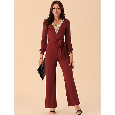 Women's Long Sleeve V Neck Jumpsuit Belted Stretchy Wide Leg Long Pant Romper With Pockets