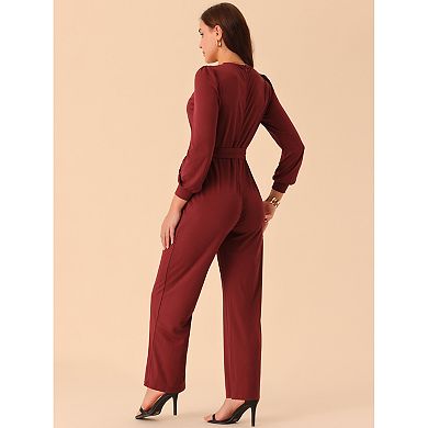 Women's Long Sleeve V Neck Jumpsuit Belted Stretchy Wide Leg Long Pant Romper With Pockets