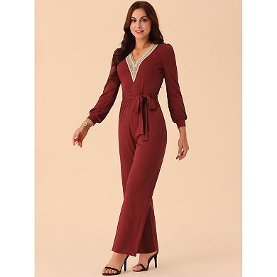 Women's Long Sleeve V Neck Jumpsuit Belted Stretchy Wide Leg Long Pant Romper With Pockets