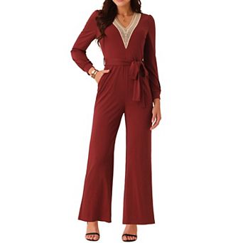 Women's Long Sleeve V Neck Jumpsuit Belted Stretchy Wide Leg Long Pant Romper With Pockets