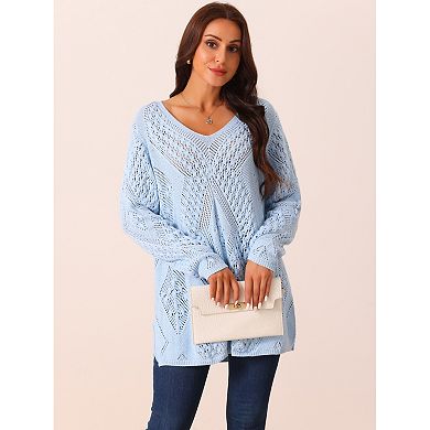 Women's V Neck Long Sleeve Hollow Cable Knit Loose Casual Pullover Sweaters