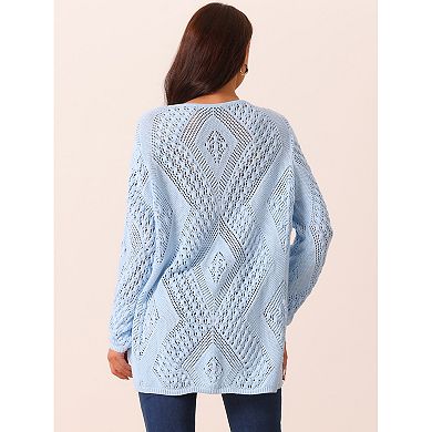 Women's V Neck Long Sleeve Hollow Cable Knit Loose Casual Pullover Sweaters