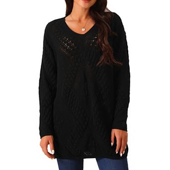 Women's V Neck Long Sleeve Hollow Cable Knit Loose Casual Pullover Sweaters
