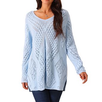 Women's V Neck Long Sleeve Hollow Cable Knit Loose Casual Pullover Sweaters