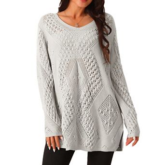 Women's V Neck Long Sleeve Hollow Cable Knit Loose Casual Pullover Sweaters