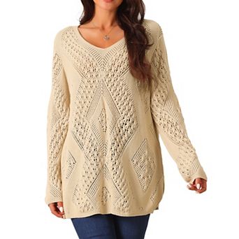 Women's V Neck Long Sleeve Hollow Cable Knit Loose Casual Pullover Sweaters