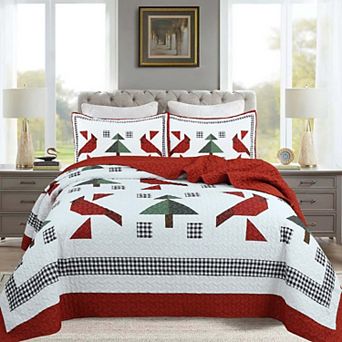 Marcielo 3 pc Winter Red Cardinals Christmas Quilt Bedspread Set