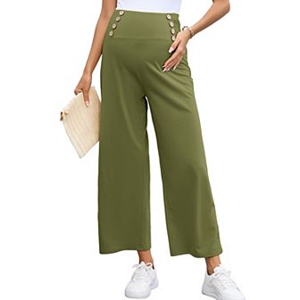 Maternity Pants Women's Smocked High Waisted Double Breasted Wide Leg Trousers Pregnancy Sweatpants