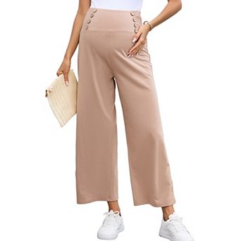 Maternity Pants Women's Smocked High Waisted Double Breasted Wide Leg Trousers Pregnancy Sweatpants