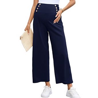 Maternity Pants Women's Smocked High Waisted Double Breasted Wide Leg Trousers Pregnancy Sweatpants