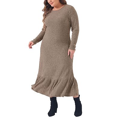 Women's Plus Size Midi Dress Ribbed Knit Long Sleeve Crew Neck Ruffled Hem