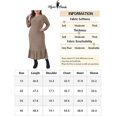 Women's Plus Size Midi Dress Ribbed Knit Long Sleeve Crew Neck Ruffled Hem