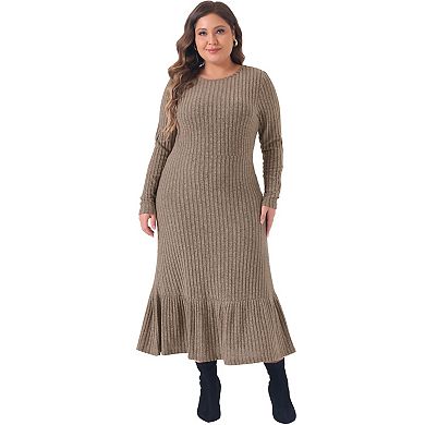 Women's Plus Size Midi Dress Ribbed Knit Long Sleeve Crew Neck Ruffled Hem