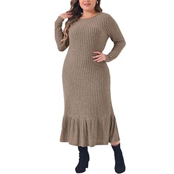 Women's Plus Size Midi Dress Ribbed Knit Long Sleeve Crew Neck Ruffled Hem