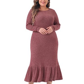 Women's Plus Size Midi Dress Ribbed Knit Long Sleeve Crew Neck Ruffled Hem