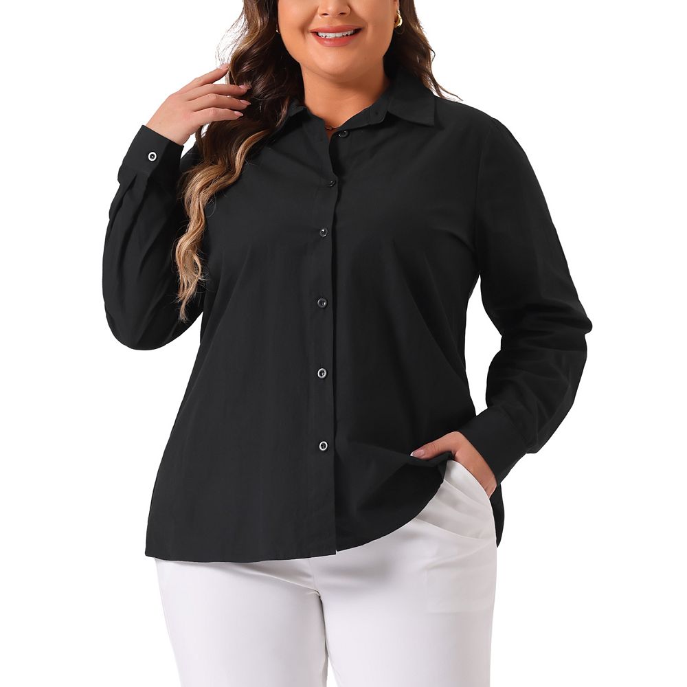Women's Plus Size Button Down Shirts Stand Collar Long Sleeve Solid ...