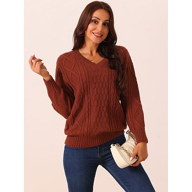 Women's V Neck Long Sleeve Sweater Casual Loose Chunky Warm Pullover Sweater Top