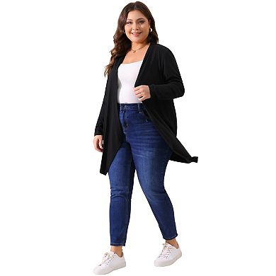 Women's Plus Size Long Sleeve Cardigan Open Front High Low Hem Draped Cover Up