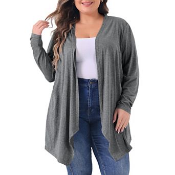 Women's Plus Size Long Sleeve Cardigan Open Front High Low Hem Draped Cover Up