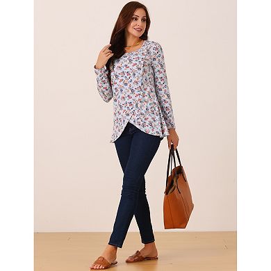 Women's Crew Neck Long Sleeve Asymmetrical Hem Floral Casual Tops