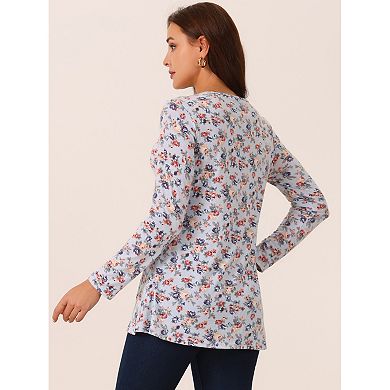 Women's Crew Neck Long Sleeve Asymmetrical Hem Floral Casual Tops
