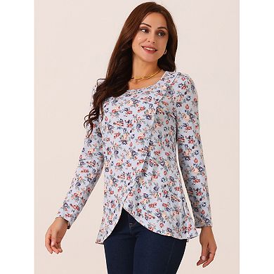 Women's Crew Neck Long Sleeve Asymmetrical Hem Floral Casual Tops