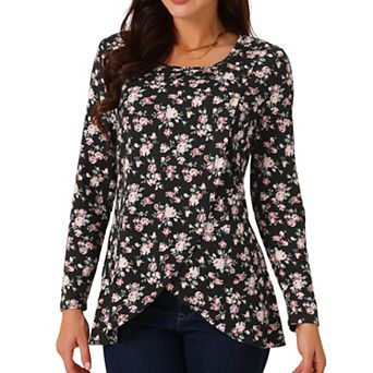 Women's Crew Neck Long Sleeve Asymmetrical Hem Floral Casual Tops