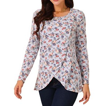 Women's Crew Neck Long Sleeve Asymmetrical Hem Floral Casual Tops