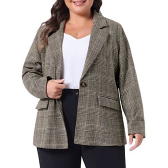 Plus Size Blazer Suit For Women Notch Lapel One Button Work Office Plaid Jacket