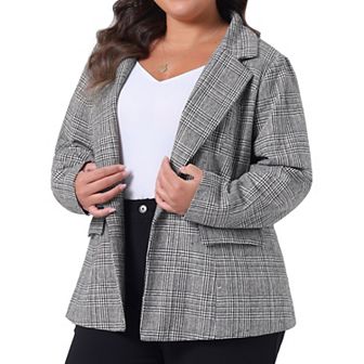 Plus Size Blazer Suit For Women Notch Lapel One Button Work Office Plaid Jacket